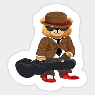 Teddy Bear  in Musician Stylish carrying guitar case Sticker